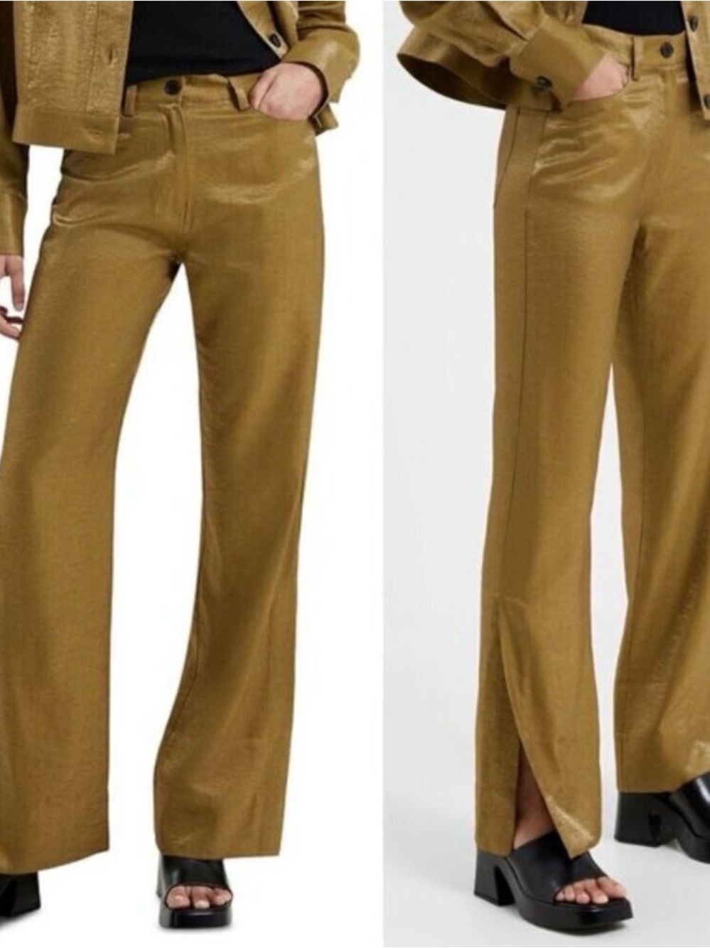 French Connection Olive Gold Wide Leg Split-Hem Pants